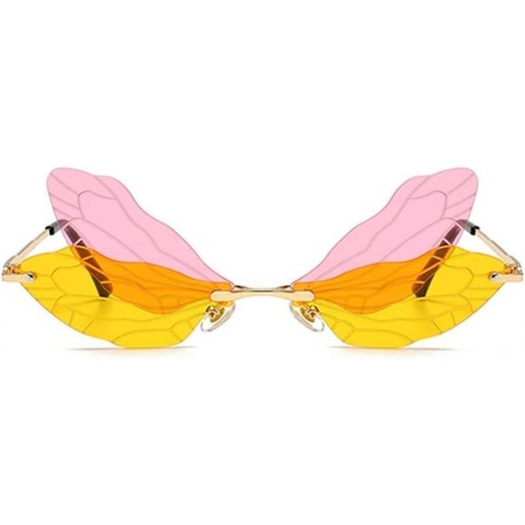 ?Women Pink Dragonfly Wing Shape Frameless Irregular Shades Party Sun Glasses main image 4